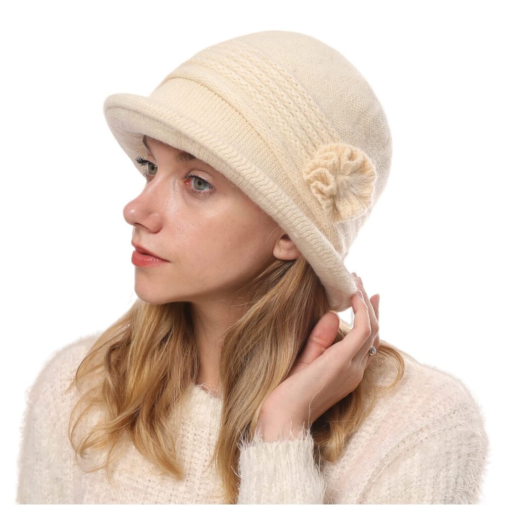 6838 Winter Warm Knitted Cloche Hat Vintage Church Bucket Hat with Flower